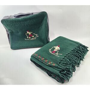 Laura Megroz Chandler 4 Corners Wool Throw Blanket w/Bag Skier Embroidered 54x70